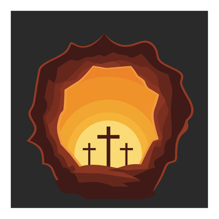 Vector illustration shows three crosses on a hill viewed from inside a cave with warm sunset lighting, creating a peaceful and contemplative mood.のイラスト素材