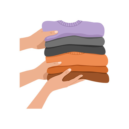 This vector illustration shows hands holding a stack of colorful folded sweaters in purple, gray, orange, and brown, evoking warmth and comfort.のイラスト素材
