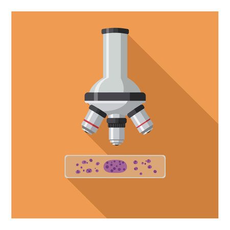 Microscope focuses on a slide with purple cells against an orange background with long shadow in flat design style, scientific and precise mood.のイラスト素材