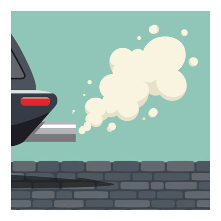 Car emits thick white smoke from exhaust pipe above stone wall, illustrating air pollution problem in urban environment. Serious mood.のイラスト素材
