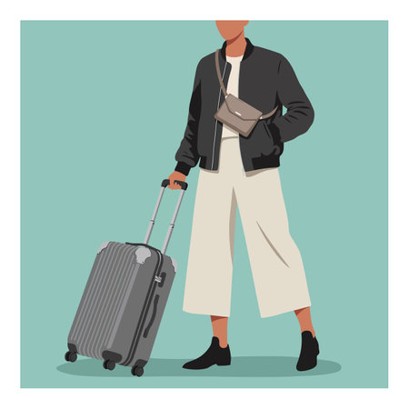 Illustration of a person holding a rolling suitcase wearing black jacket and white pants on teal background in portrait orientation, simple modern style, calm mood.のイラスト素材
