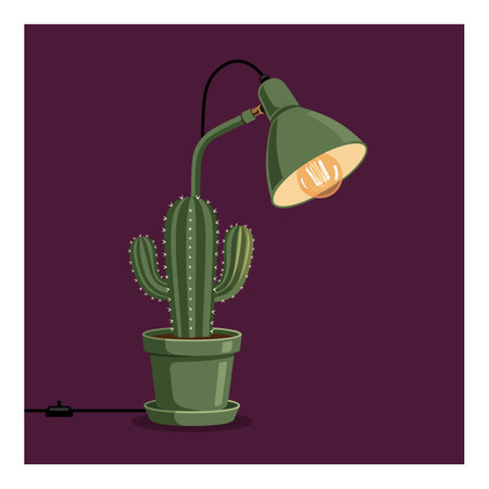 Illustration shows a green cactus-shaped desk lamp illuminated against a dark purple background in a creative style. Calm mood.のイラスト素材