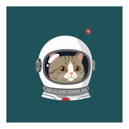 Vector illustration of a cat inside a white astronaut helmet with a red light, set against a teal background, showing a calm mood.のイラスト素材