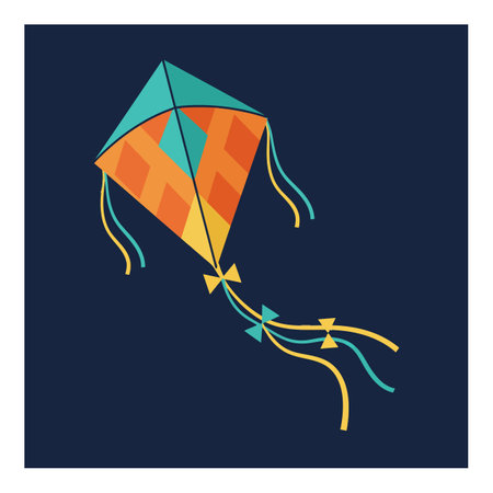 Vector illustration shows a colorful kite with orange and teal patterns flying against a dark blue background, evoking a playful and uplifting mood.のイラスト素材