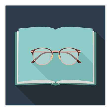 Illustration shows eyeglasses resting on an open book with long shadow on dark background in flat design style. Calm mood.のイラスト素材