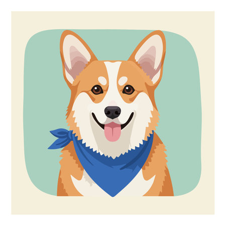 Illustration shows a Pembroke Welsh Corgi dog with a blue bandana and happy expression on a soft teal background, cheerful mood.のイラスト素材