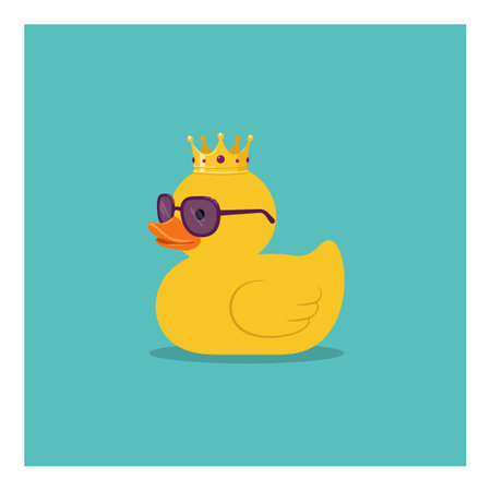 Illustration shows a yellow rubber duck wearing a golden crown and dark sunglasses on a turquoise background in square format, playful mood.のイラスト素材