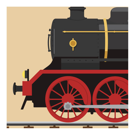 Vector illustration shows front section of vintage steam train locomotive with red wheels and black body on beige background, evoking nostalgic mood.のイラスト素材