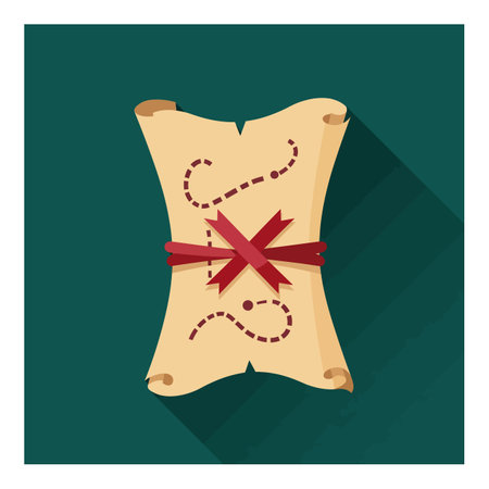 This vector shows a vintage treasure map scroll tied with a red ribbon on a dark green background with long shadow, conveying mystery.のイラスト素材