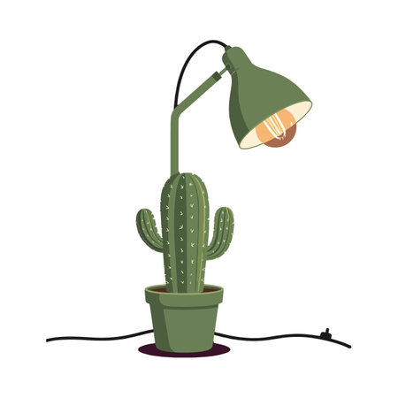 Illustration of a green cactus desk lamp with a glowing light bulb in a matching pot, displaying a cozy and creative mood.のイラスト素材