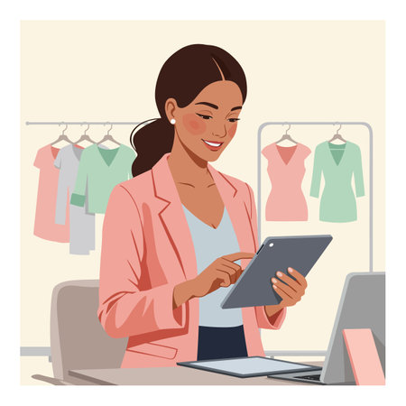 Woman in pink blazer uses a tablet in a clothing store with dresses hanging in the background. The scene is bright and professional. Cheerful mood.のイラスト素材