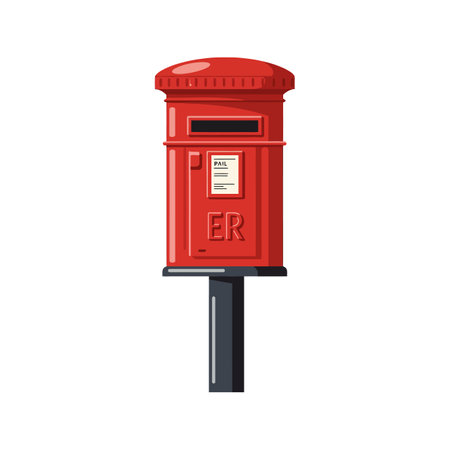 This vector shows a red vintage British post box on a black stand with clear postal slot and details, depicted in a clean style. Classic and charming.のイラスト素材