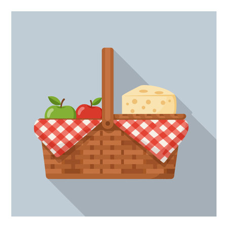 Illustration shows a picnic basket with apples and cheese on a red checkered cloth under soft lighting. The style is flat and calm.のイラスト素材