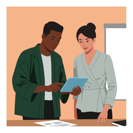 Two colleagues use a tablet to review documents in a modern office setting, showing teamwork and cooperation, creating a focused atmosphere.のイラスト素材