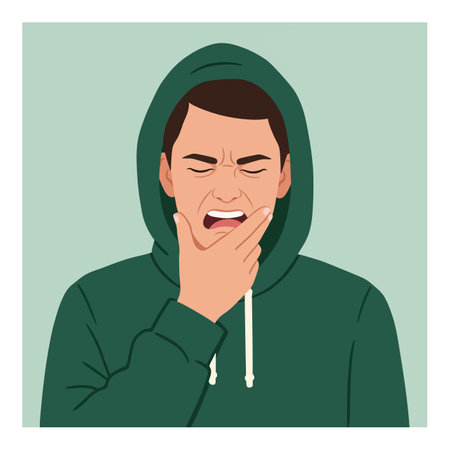 Illustration shows a young man wearing a green hoodie yawning with eyes closed, expressing tiredness and boredom in a calm mood.のイラスト素材