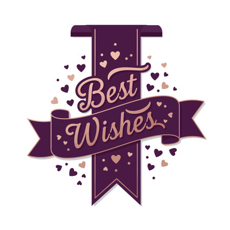 Vector illustration of a decorative best wishes ribbon with scattered hearts in soft purple and pink tones creating a romantic mood.のイラスト素材