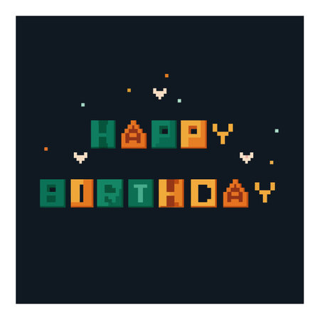 This vector features a happy birthday greeting in pixel art style with colorful blocks and small...