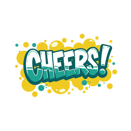 Vector illustration of cheers text with teal letters and yellow bubbles in the background, presenting a festive and lively mood.のイラスト素材