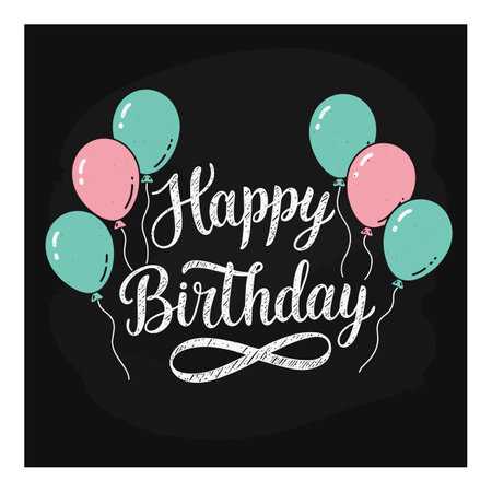 Happy birthday greeting with pink and teal balloons on a black background in a festive mood.のイラスト素材