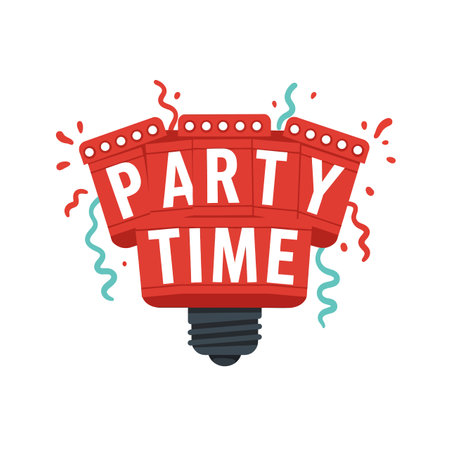 This vector shows a red light bulb with party time text surrounded by confetti and colorful decoration elements, creating a festive mood.のイラスト素材