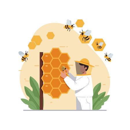 A beekeeper in protective clothing collects honeycomb from a hive while bees fly around, showing natural activity in a calm scene.のイラスト素材