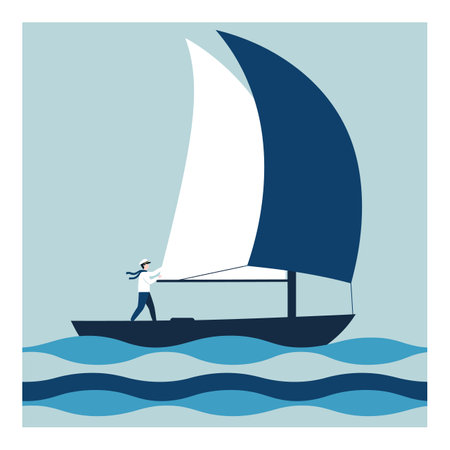 Vector illustration shows a person sailing on a boat with white and navy sails across blue waves under a light blue sky, calm mood.のイラスト素材