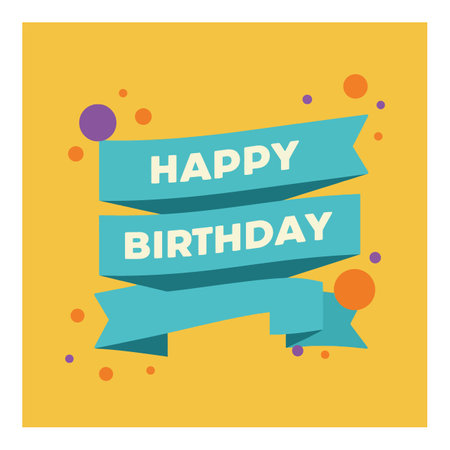 Vector illustration shows happy birthday ribbon with orange and purple confetti on yellow background in flat style, cheerful mood.のイラスト素材