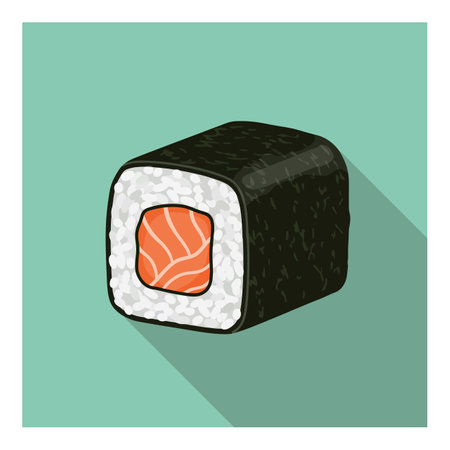 Illustration shows a sushi roll with salmon center wrapped in seaweed on a green background with long shadow, presenting a modern style and calm mood.のイラスト素材
