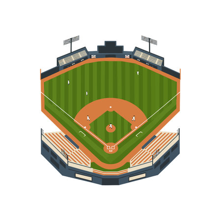 This vector illustration shows a baseball field with players and stadium seating in a top-down view, featuring green grass and organized layout. Energetic mood.のイラスト素材