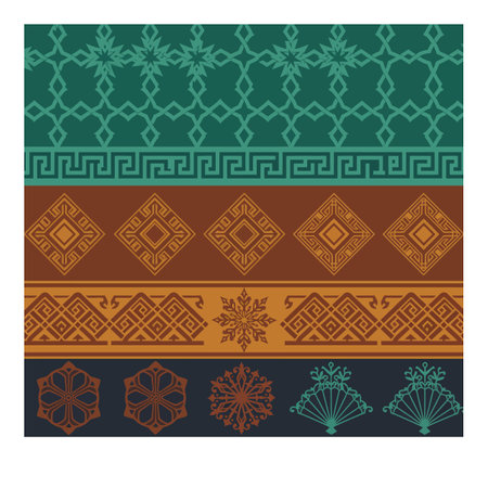 Vector features ethnic ornamental geometric patterns with tribal motifs in brown, teal, and orange colors on a square layout. Calm and elegant.のイラスト素材