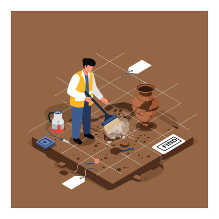 Illustration shows an archaeologist brushing dirt off ancient pottery on a brown soil excavation site in bright lighting, creating a focused mood.のイラスト素材