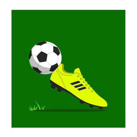 Illustration shows a yellow cleat kicking a black and white soccer ball on a green field in a clean vector style. Energetic mood.のイラスト素材