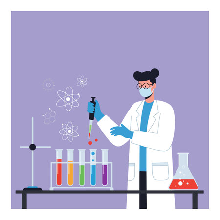 Female scientist wearing mask and gloves works with colorful test tubes and pipette in a laboratory setting with atomic symbols, calm atmosphere.のイラスト素材