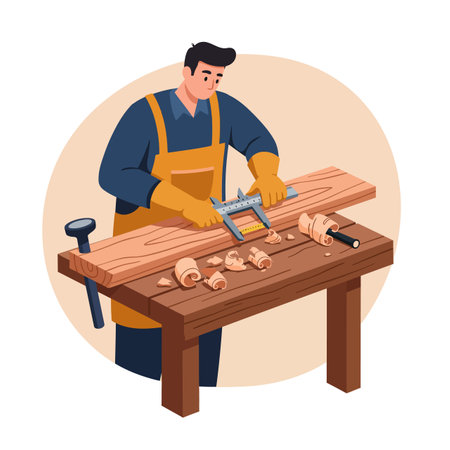 A male carpenter uses a wood plane on a wooden table to smooth the surface in a workshop setting, focused and calm mood.のイラスト素材