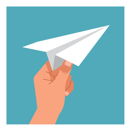 Illustration shows a hand holding a white paper airplane against a blue background with clear, flat style, evoking simplicity and creativity mood.のイラスト素材