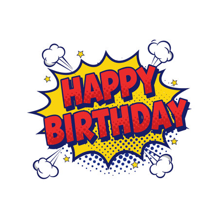 This vector shows a comic style explosion with red Happy Birthday text and yellow background for celebration in a cheerful mood.のイラスト素材