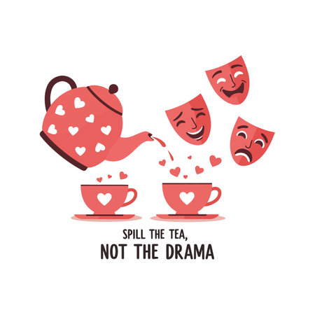 This vector illustration shows a teapot pouring tea into cups with floating hearts and expressive drama masks, conveying a playful mood.のイラスト素材