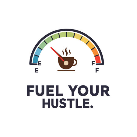 This vector shows a coffee cup fuel gauge indicating energy levels for hustle motivation and...