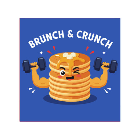 Vector illustration of a happy pancake stack with muscular arms lifting dumbbells against a blue background, perfect for healthy brunch projects. Cheerful.のイラスト素材