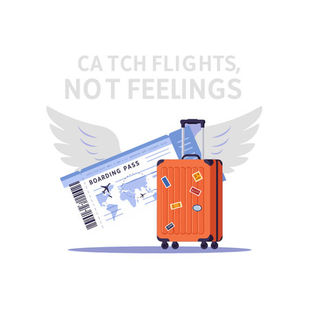 Illustration shows orange suitcase with travel stickers and blue boarding pass with wings, symbolizing flight and travel freedom, inspiring mood.のイラスト素材