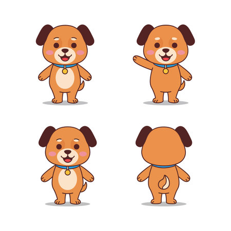This vector features a cute cartoon dog character shown in front, waving, smiling, and back views, ideal for playful designs. Cheerful.のイラスト素材