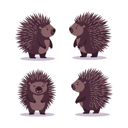 This vector illustration shows four cute porcupines from different angles, perfect for craft projects and t-shirt prints, conveying a playful mood.のイラスト素材
