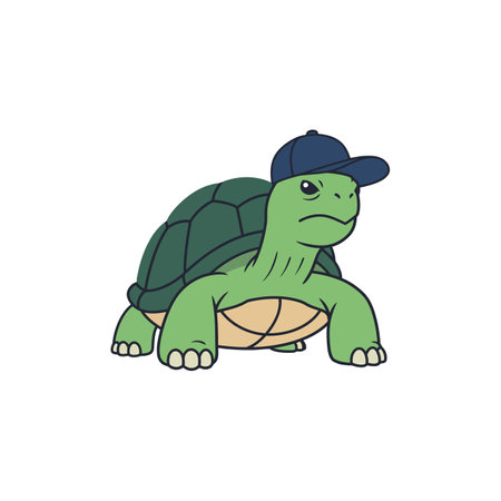 Cartoon turtle with determined expression wearing a blue cap, suitable for casual and playful...