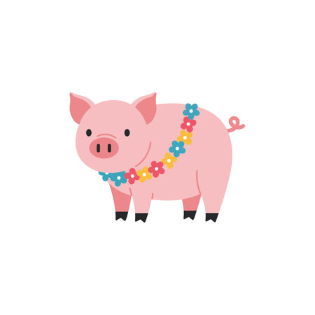 This vector illustration shows a cute pink pig wearing a colorful flower garland, perfect for tshirt printing and craft projects. Cheerful and playful.のイラスト素材