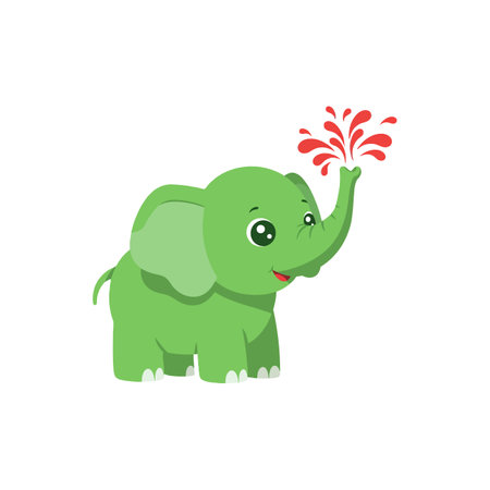 This vector shows a cute green baby elephant spraying water from its trunk in a playful and joyful mood.のイラスト素材