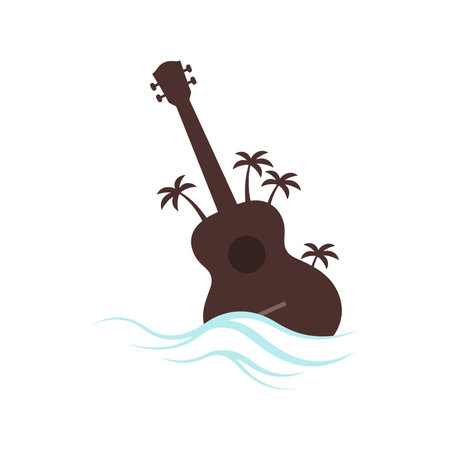 Vector illustration shows an acoustic guitar with palm trees surrounded by ocean waves, evoking a tropical and relaxed music atmosphere. Calm mood.のイラスト素材