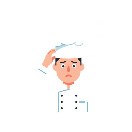 Illustration of a worried male chef scratching his head wearing a white uniform and hat, expressing confusion or concern, simple style, calm mood.のイラスト素材