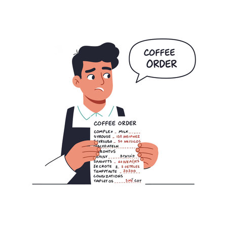 Illustration of a man holding a detailed coffee order list with a speech bubble saying coffee order in a clear style. Calm mood.のイラスト素材