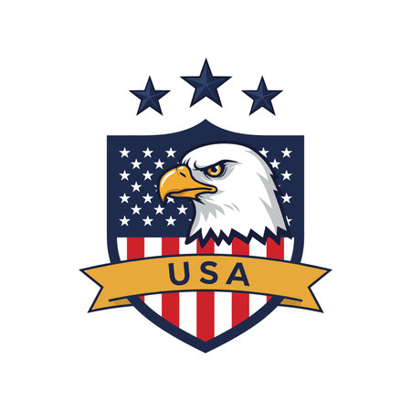 This vector illustration features an eagle head with a stars shield and USA flag banner in patriotic colors, symbolizing national pride and strength. Bold mood.のイラスト素材