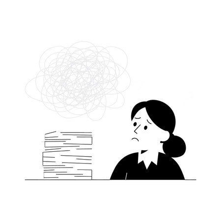 Woman looks worried and stressed facing a large stack of papers with a scribbled thought cloud above, symbolizing mental overload and anxiety. Calm.のイラスト素材